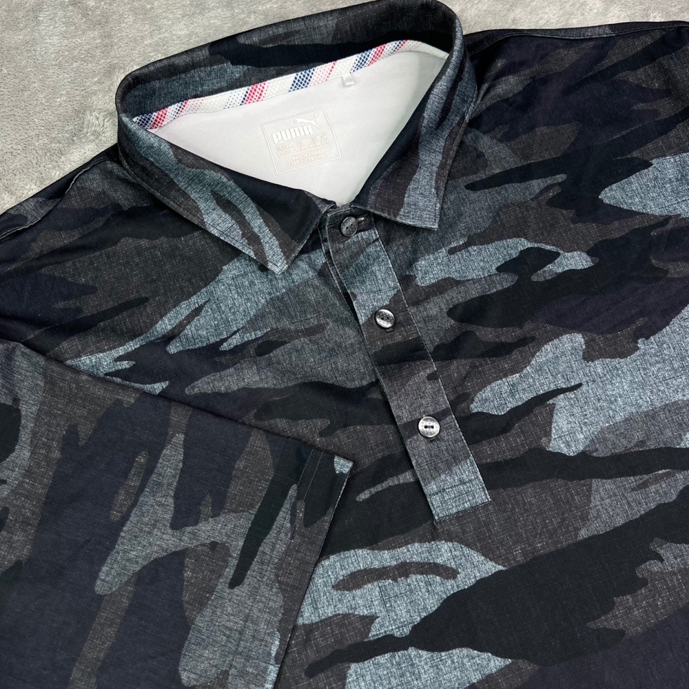 Puma‎ Volition America Polo Shirt Mens 2XL Gray Camo DryCell Stretch Performance